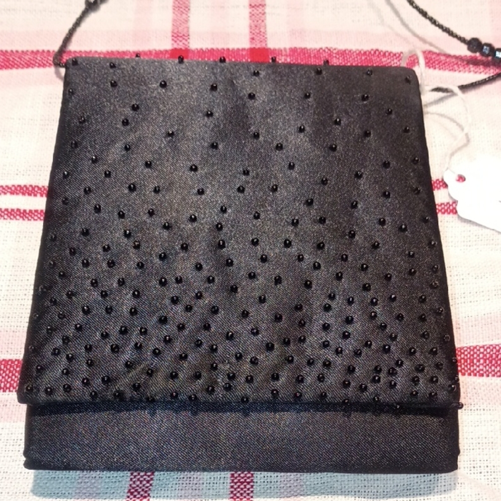 Jessica Black Satin Evening Clutch with Bead Detail